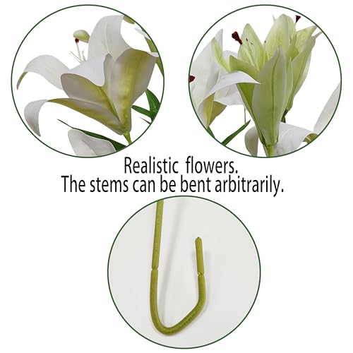 Artificial Lily Flowers,4 Pcs Faux Lily Flowers,32.5 Inch Long Stem Tiger Lily Branch with 2 Full Blooms and 1 Bud, Latex Real Touch Lilium Flower for Wedding Bouquet (4, White) - color: White