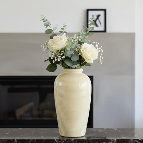Beige Ceramic Vase for Home Decor - 11 Inch Tall Boho Vases for Flower, Modern Textured Vase for Centerpieces, Pampas Grass, Living Room, Kitchen, Fireplace, Entryway Decor - color: Beige