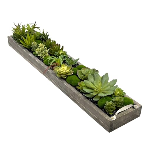 Galt International Faux Assorted Succulent in 31" Wood Tray w/Handles w/Black Rocks | Grey Wood Tray, Artificial Green Moss, Dining Coffee Table Centerpiece (Updated 2026 Packaging) - color: Black Rocks