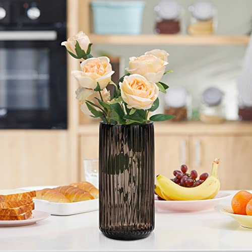 TIMEFOTO Flower Vase 10 inch Amber Thickened Hand Blow Glass Vase Round Vintage Striped Bottles for Bookshelf,Dinner Table,Indoor Office Desktop,Meeting Room,Bathroom,Home - color: Glass Amber, size: 10 inch