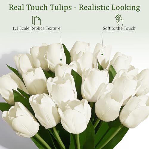 Livole 12 Pcs White Tulips Artificial Flowers Real Touch Tulips Fake Faux Tulip Flower Bouquet for Arrangement Wedding Spring Home Decor Floral Party Centerpiece 14 Inch - color: White