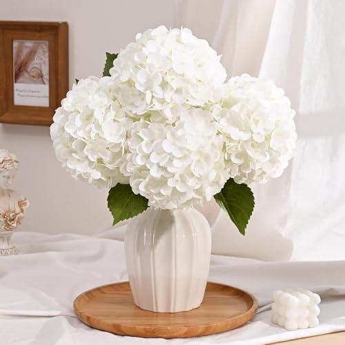 4 Pcs White Hydrangea Artificial Flowers, Latex Real Touch Hydrangea Flowers, 19.6'' Full Faux Hydrangea Flowers Fake Flowers for Home Decor Party Wedding Centerpiece Bouquet Floral Arrangements - color: White