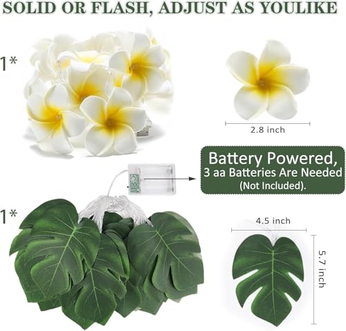 RECUTMS Monstera Leaf String Lights Artificial Foam Plumeria Tropical Palm Leaves Flower 40 LED Battery Operated Fairy Light Hawaiian Luau Beach Party Summer Decorations Outdoor Indoor(White+Green) - color: Green+white
