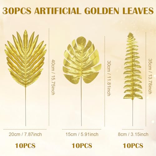 30Pcs 3 Kinds Artificial Golden Leaves with Stems Fake Gold Plants Foliage Stems Simulation Monstera Palm Leaves for Wedding Picks DIY Wreath Crafts Christmas Tree Filler Decors - color: 30pcs Golden