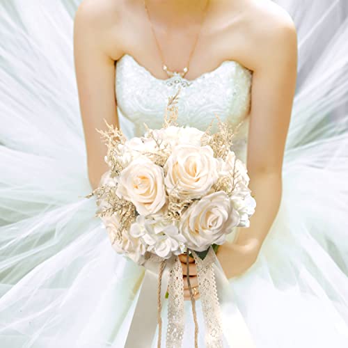 LEIFENY Artificial Plant, 1 Champagne White Rose Bridal Bouquet, 8.6 x 10.2 x 8.6 inches, Wedding Bouquets for Bride, Bridesmaid Bouquets with Silk Ribbon, Decoration - color: Champagne White