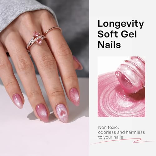 32Pcs Soft Gel Press on Nails for Women, Pink Heart, Short Almond | Magnetic Glass Cat Eye False Fake Nails Press Ons for Office Daily Wear, Salon Quality Reusable Glue & Stick on Nail Gift Kit - color: 1C-Pink Heart
