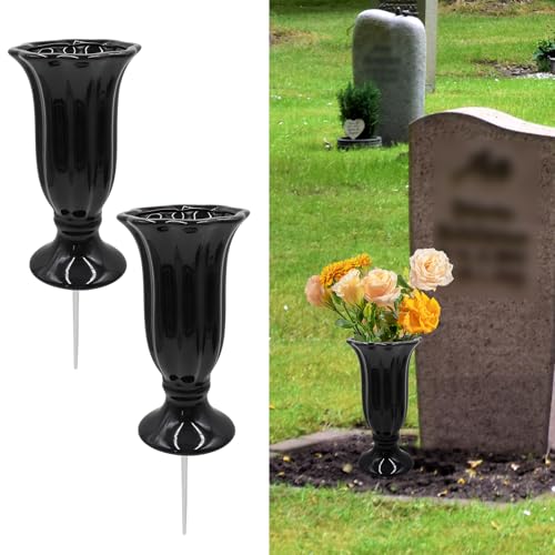 2 Pack Cemetery Vase for Grave Decorations with Metal Spike, Ceramics Cemetery Vase Decorations for Grave, Memorial Grave Markers, Graveside Decor Sign for Grave Outdoor Yard Lawn - size: 2 Pack