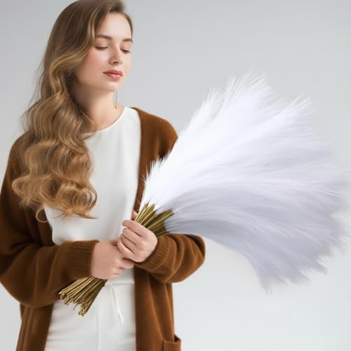 Suncalla 72 Pcs White Pampas Grass 21.7 Inches Faux Tall Pampas Grass Decor Bulk Artificial Dried Flower Feather for Vase Filler Home Boho Decor Christmas Wedding Party Arrangement Bathroom Wall - color: White