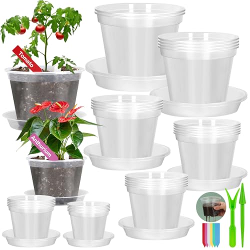 30Pcs Clear Plastic Nursery Pots with Drainage Holes and Saucers, 2.8/3.1/3.5/3.9/5.1/5.9/7.1Inch Seedling Starter Pots with Tool for Indoor Outdoor Gardening Flower, Herb, Succulent Transplanting - size: 2.8/3.1/3.5/3.9/5.1/5.9/7.1 Inch