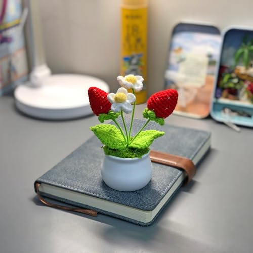 Joekaran Crochet Flowers Cute Little Potted Flower, Gift for Birthday, Teacher’s Day, Graduation, Anniversary, Christmas, Decor for Car Dashboard,Home Office Decoration (Strawberry) - color: Strawberry