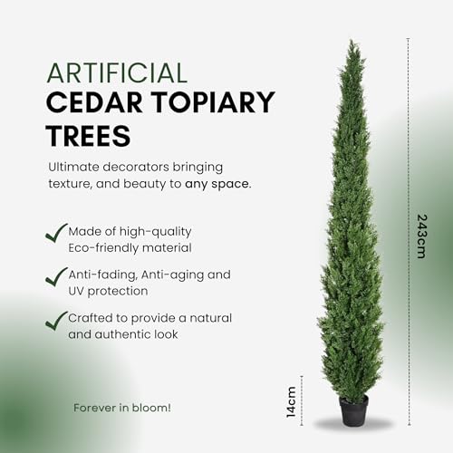 8 Feet Pre-Potted Evergreen Outdoor Artificial Cedar Tree for Front Porch Decor, Outdoor Entryway Decor Fake Tree, Tall Faux Privacy Trees for Backyard with UV Resistant Coating (1 Pack) - style: 1 Pack