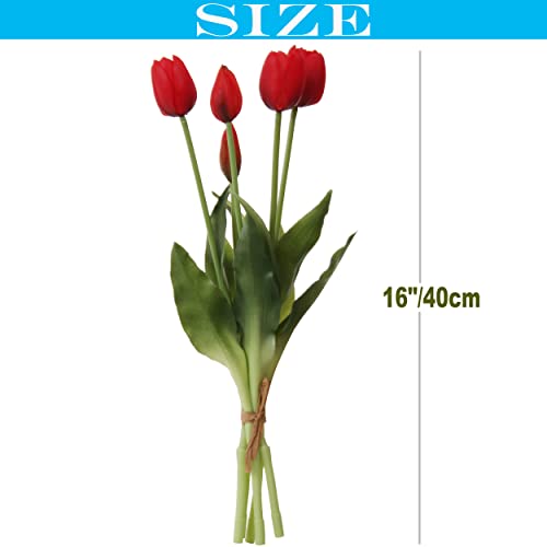 20pcs Artificial Tulip Flowers,16 Inch Real Touch Tulip Stems with Faux Leaves, Faux Tulips and Buds for Home Décor Centerpiece Ornament Wedding Bouquet,Red - color: Red