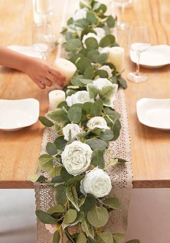 MISSPIN 2pcs Artificial Flowers Garland Spring Eucalyptus Garland Vintage Fake Flower Peony Rose Vine Greenery Decorative Wall Hanging Plant for Wedding Arch Door Arrangement Party Decor (White,2pcs) - color: White,2pcs