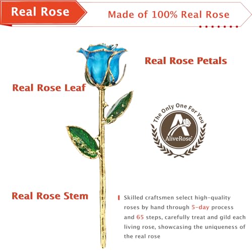 AliveRose for Her, 24K Gold Rose Made from Real Rose - Unique Design Gold Plated Rose for Anniversary Valentines Mothers Day Birthday Gifts (TealBlue Original Rose with Crystal Vase) - color: 5. Tealblue Original Rose With Crystal Vase