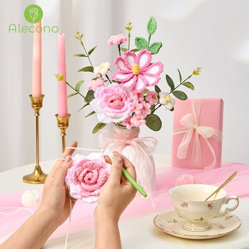 Alecono Crochet Flower Bouquet, Knitted Flowers, Pink Handmade Bouquet of Flowers for Mother's Day Anniversary Birthday Party Graduation Valentine's Day Gifts (Include Card) - color: Pink