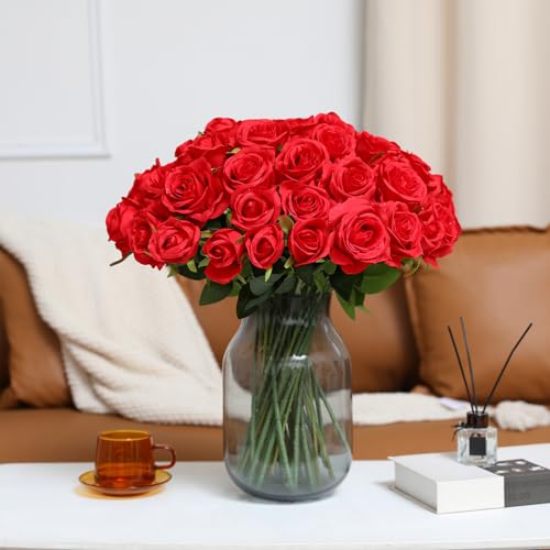 Tifuly Red Roses Artificial Flowers - 12 pcs Realistic Long Stem Fake Roses Mashup Style Silk Flowers for Valentine's Day DIY Bouquets Wedding Centerpieces Arrangements Home Party Decor - color: Red