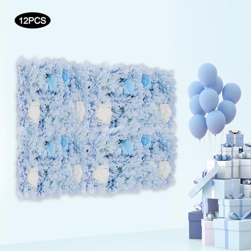 Artificial Flower Wall Panels, Set of 12 Blue Dahlia Rose Hydrangea Backdrop, Silk Fabric with 100 Cable Ties, Reusable Party Wedding Home Wall Decor (15x15 Inch) - color: Blue