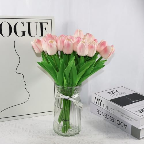 Artificial Tulips Bridal Wedding Festival Decor Bouquet Real Touch PU Flower Bouquet Pack of 20 (Light Pink) - color: Light Pink