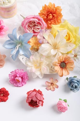 rongflower Fake Flower Heads for Crafts - Multi Silk Artificial Roses, Peonies, Daisies & Mini Floral Heads Bulk (48-Pack) for Wedding Decor, Graduation Cap, Cake Topper, Baby Shower, Home Decoration - color: Multi Color