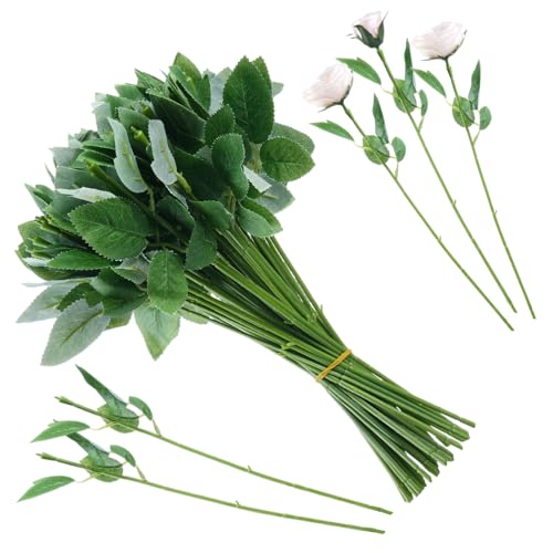50 Pcs 13'' Rose Stems with Leaves, Fake Flower Stems, Faux Green Leaves Stems, Floral Arrangement Supplies, DIY Artificial Flowers Tools for Bouquet Wedding Party - color: Green
