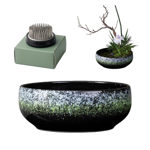 Water Lotus Bowl Planter Kit - Japanese Compote Bowl Ikebana Vase Set w/ 1.8" Floral Frog- Ideal for Ikebana, Flower Arrangement & Hydroponic Planting (Green Spots) - color: Green Spots