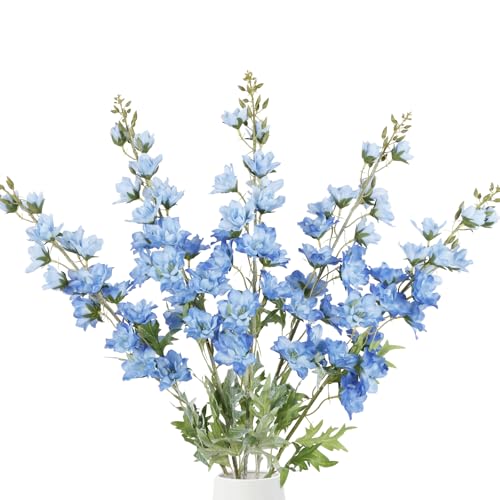 IPOPU 37" Blue Delphinium Artificial Flowers 5PCS Real Look Flocked Faux Delphinium Flowers with Fuzz Long Stem Silk Larkspur Snapdragon for Wedding & Home Decor(Blue) - color: Blue
