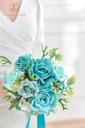 TINGE TIME 9 inch Bridal Bouquets for Bride, Artificial Silk Flowers Tossing Bouquet, Bride Bouquets for Wedding,Ceremony, Anniversary (TealBlue) - color: Teal Blue