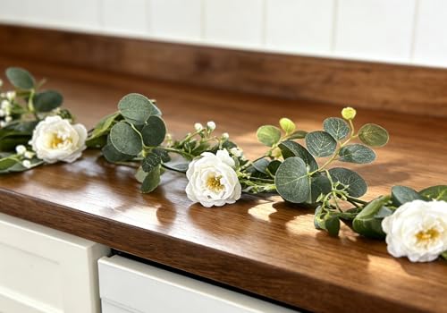 Greenery Garland with White Roses 2Pack: 5.9Ft Artificial Vines Hanging Eucalyptus Leaves for Wedding Arch Swag Backdrop Doorways Table Runner - size: 2pack-Rose