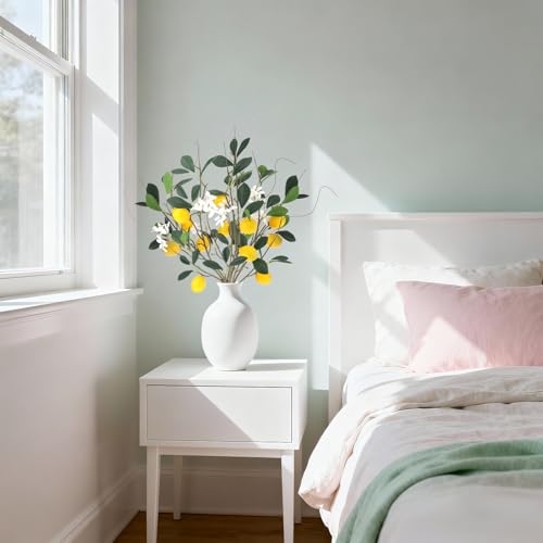 18.7'' Artificial Lemon Branches Fake Lemons Stem Decoration Faux Fruit Branch with Lifelike Leaves DIY Wreath Party Farmhouse Home Kitchen Table Ornament Themed - 4 Pcs