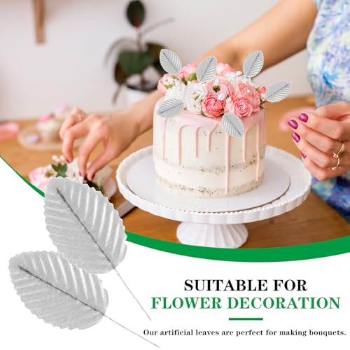 200 Pcs Silver Leaves for Crafts - Artificial Silk Faux Wired Single Leaf Wire Crafts Leaves - Plastic Artificial Flowers - For DIY Home Wreath, Wedding, Christmas - color: Silver
