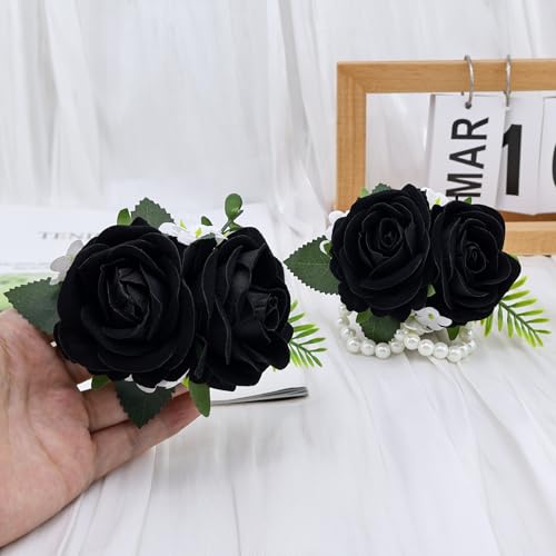 2Pcs Black Artificial Rose Wrist Corsage Wristlet Band and Boutonniere Set, for Wedding Bride Bridesmaids Men Groom Groomsmen Flowers Accessories Prom Party Suit Decor - color: Black