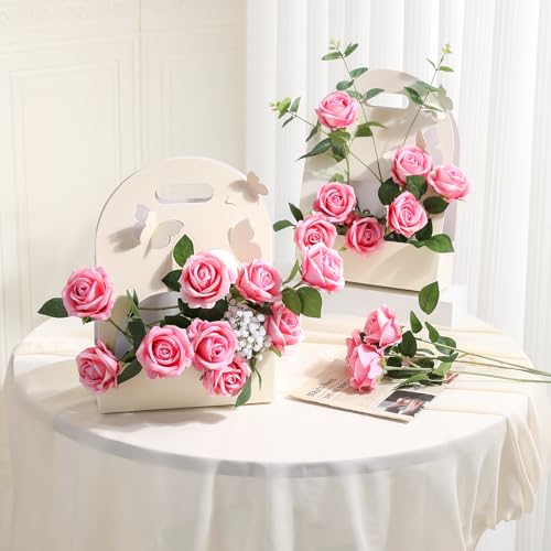 Hawesome 12PCS Artificial Flowers Fake Roses, Realistic Velvet Long Stem Red Roses Bouquet for Wedding Centerpiece Home Decor Party & Valentines (Pink) - color: Pink2
