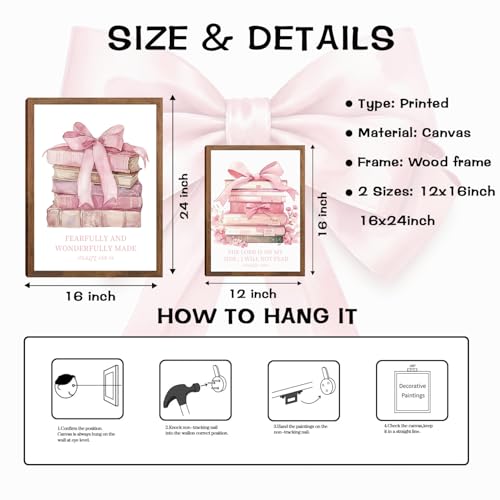 Pink Bow And Book Canvas Wall Art Set of 3, Coquette Trendy Preppy Cute Girl Posters Prints Wall Decor, Book Lovers Gifts for Girls Room College Apartment Living Room Bedroom 16x12In Wood Framed - color: Pink book bow, size: 16L" x 12W"