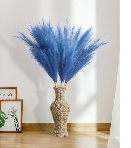 9 Pcs 45" Tall Pampas Grass Blue Decor, Long Stem Artificial Flower Floor Vase Large Faux Floral Pompas Fake Plants Dried Bouquet Arrangement Vase Filler for Boho Home Wedding Decoration - color: 9 Pcs 45" Blue Style