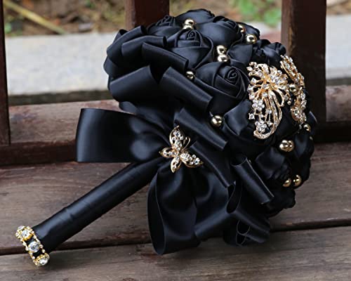 WIFELAI-A Gold Rhinestone Brooch Wedding Flowers Bridal Bouquets Crystal Bride Holding Bouquet White Ivory Satin Roses with Diamond - color: Black