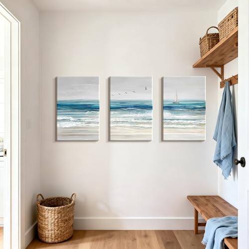 WENGTIAO Abstract Ocean Wall Art Set of 3 Blue Beach Canvas Paintings Minimalist Coastal Prints Pictures Sail Boat Home Decor Seascape Artwork for Living Room Bedroom Hallway 16”x24”x3Pcs - color: Abstract Blue Ocean, size: 16"x24"x3Pcs