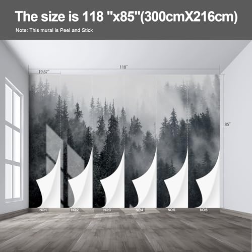 Misty Forest Landscape wall murals Woodland Tree Peel and Stick self Adhesive Wallpaper for Bedroom Living Room - 85"x118" - color: F03, size: 85"x118"