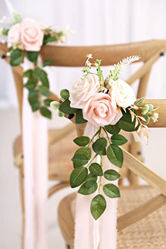 Wedding Aisle Decorations - Set of 10 Pew Flowers - Artificial Roses & Eucalyptus - Pink & Cream - 5.5" x 13" - Elegant Traditional Modern Style - Chair Flowers - color: Pink