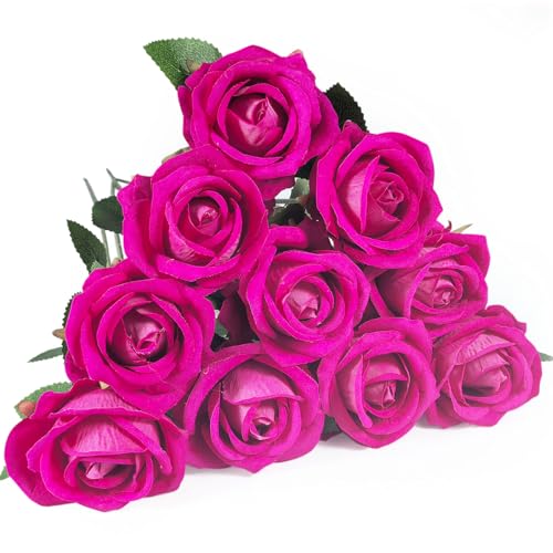 10 PCS Artificial Roses with Long Stems Silk Flowers Realistic Foam Flowers Fake Roses for Valentine's Day Home Wedding Decor(Freud) - color: Freud