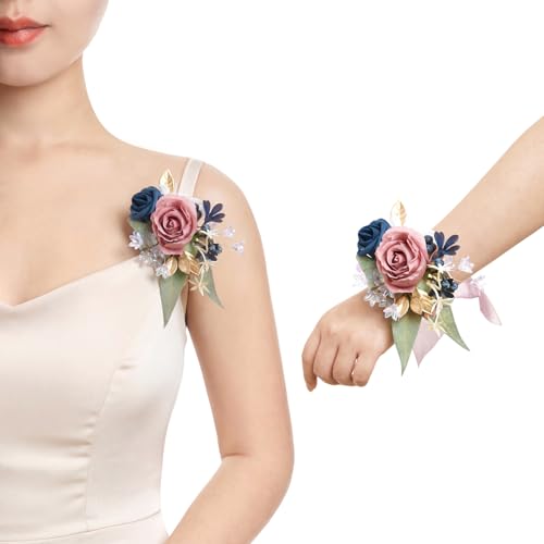 Ling's moment 2pcs Prom Wrist/Shoulder Corsage Artificial Flower, Girl/Mother Homecoming/Wedding Corsage Wristlet Décor, etc. Dusty Rose Navy Blue - color: Pk-dusty Rose & Navy Blue