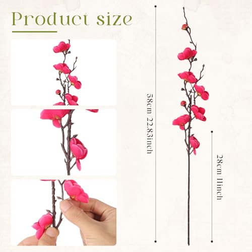 Cherry Blossom Branches Artificial Flowers for Winter Spring Indoor Decoration, Plum Fake Peach Plants for Wedding Home Office Bedroom Party Decor (Rose red, 22in) - color: Rose Red, size: 22in