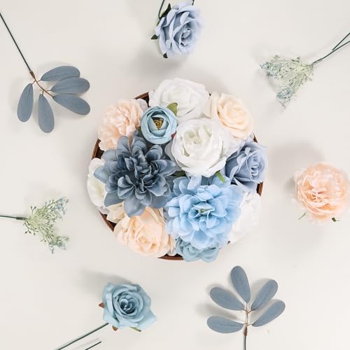 Artificial Flowers Combo Box Blue Fake Flower Bouquet Set for Wedding Centerpieces Arrangements Bridal Shower Birthday Party DIY Decorations - color: Light Blue