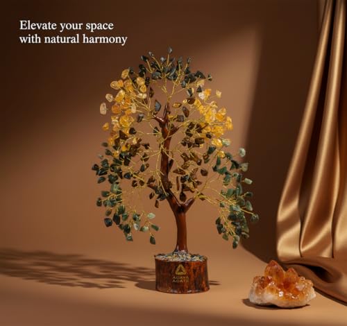 ANAYA AGATE Money Wealth Crystal Tree Set with Tree of Life Citrine, Pyrite, Tiger Eye & Green Aventurine, Chakra Healing Gemstone Trees for Prosperity, Success, Good Luck & Positive Energy - color: Money Wealth Golden Wire