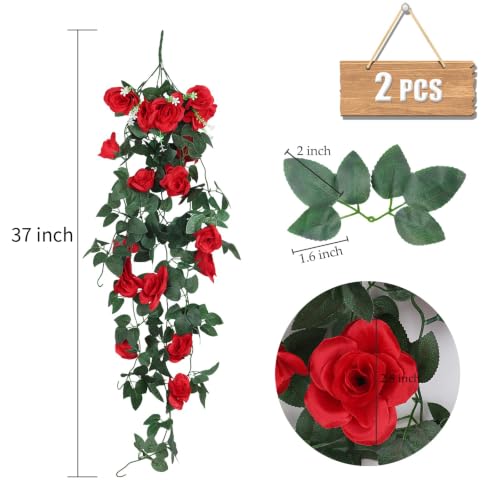RECUTMS Artificial Red Roses Fake Hanging Flowers Plants, 2PCS 37 Inches Silk Floral Ivy Garland for Indoor Outdoors Home Garden Front Door Porch Wedding Derby Party Arch Valentines Greenery Decor - color: Red, size: 2 pcs