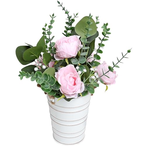 Artificial Flowers in Pot - 10 Inches Pre-Made Large Faux Silk Rose Floral Greenery Table Centerpieces with Rustic Tall Metal Vase for Farmhouse Home Decoration - Pink - color: Pink, size: 1 X Flowers Table Centerpiece