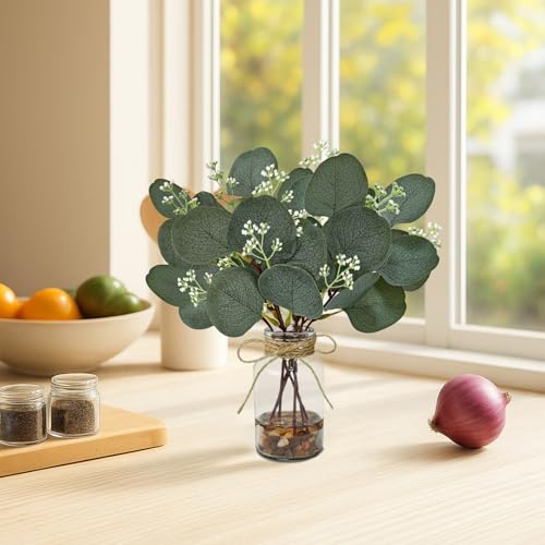 2 Pack Artificial Eucalyptus Stems in Glass Vases, 11" Fake Plants with Faux Water Stones, Small Faux Plants for Kitchen Bathroom Shelf Coffee Table Decor (DarkGreen) - color: Darkgreen