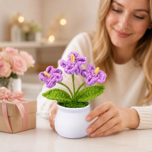 Crochet Flower Bouquet,Forget Me Not Flowers Pot Crocheted Flowers for Women Mom Wife, Perfect for Home Decorations Office Desk