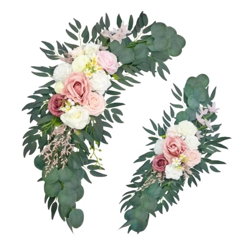 Wedding Arch Flowers 2 Pack, Artificial White Roses and Greenery Swag for Welcome Sign Decorations - color: Pink