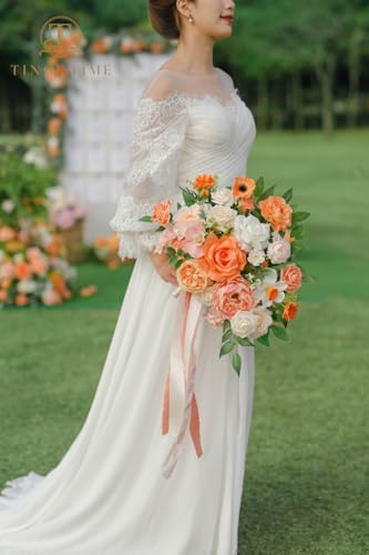 TINGE TIME 11 Inch Wedding Bouquets for Bride, CoralPink&Champagne Artificial Flowers Bouquet, Brides & Bridesmaids Bouquet for Wedding Anniversary Ceremony Bridal Shower Decorations - color: Coral Pink & Champagne