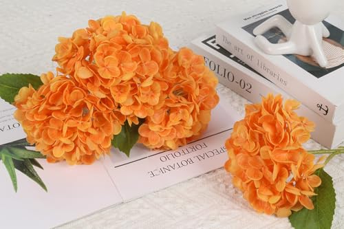 IPOPU 6PCS Real Touch Hydrangea Artificial Flowers Orange Faux Hydrangeas with Stems Latex Realistic Full Fake Hydrangeas for Wedding Centerpieces Bouquets DIY Floral Arrangements Home Decor (Orange) - color: Orange